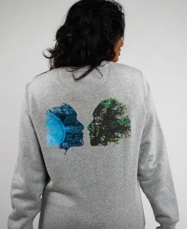 Sweat femme gris col rond - Vue de dos avec design Nature vs Technologie (tête nature face à tête technologique)