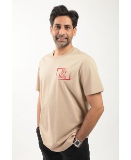T-shirt homme Ky-Kas beige – coton bio confortable, logo rouge sur le cœur