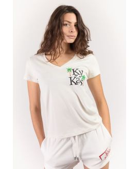 T-shirt bio femme col V blanc crème – 100 % coton bio fabriqué en France | KY-KAS