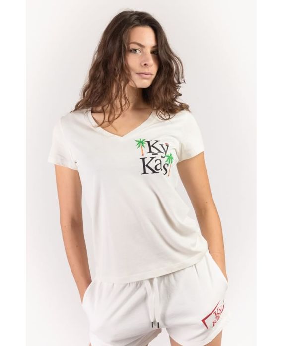 T-shirt bio femme col V blanc crème – 100 % coton bio fabriqué en France | KY-KAS