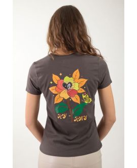 T-shirt bio femme chocolat – Col V manches courtes 100 % coton bio avec motif dos | KY-KAS