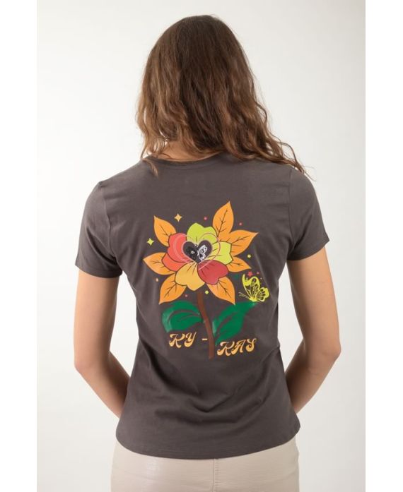 T-shirt bio femme chocolat – Col V manches courtes 100 % coton bio avec motif dos | KY-KAS