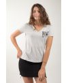 T-shirt bio femme gris clair – Col V coton 100 % bio made in France avec rose noire | KY-KAS