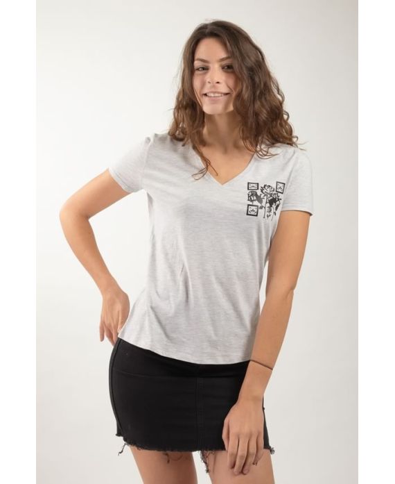 T-shirt bio femme gris clair – Col V coton 100 % bio made in France avec rose noire | KY-KAS