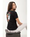 T-shirt bio femme noir – Col V coton 100 % bio avec visage artistique multicolore | KY-KAS