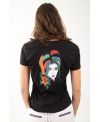 T-shirt bio femme noir – Col V coton 100 % bio avec visage artistique multicolore | KY-KAS