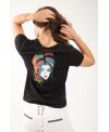 T-shirt bio femme noir – Col V coton 100 % bio avec visage artistique multicolore | KY-KAS