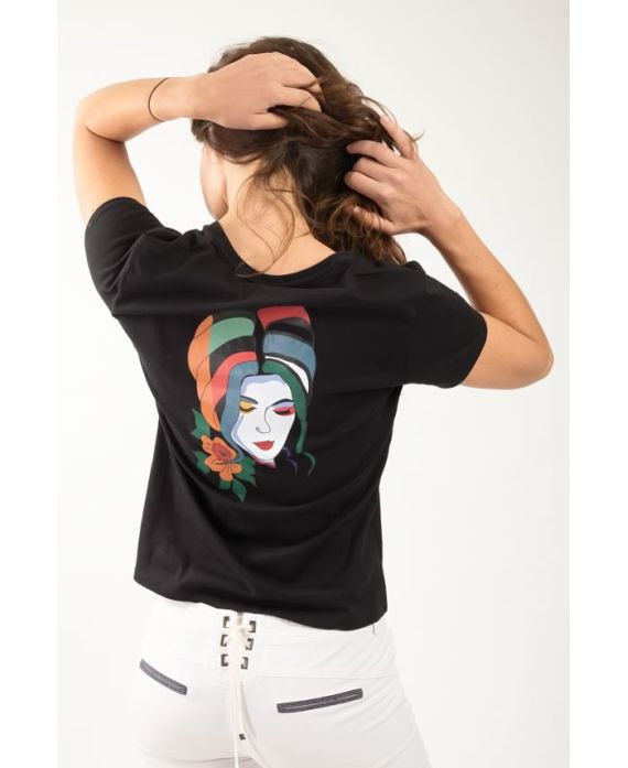 T-shirt bio femme noir – Col V coton 100 % bio avec visage artistique multicolore | KY-KAS