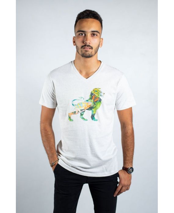 T-shirt 100% coton bio - col V - imprimé lion
